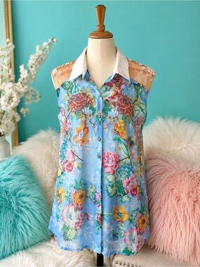 Aratta Blue Floral Embroidered Sleeves Button front Top NWT Size L Boho